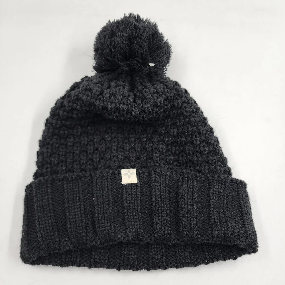 Sun + Stone Textured-Knit Cuffed Pom-Pom Beanie Hat Men's One Size Black